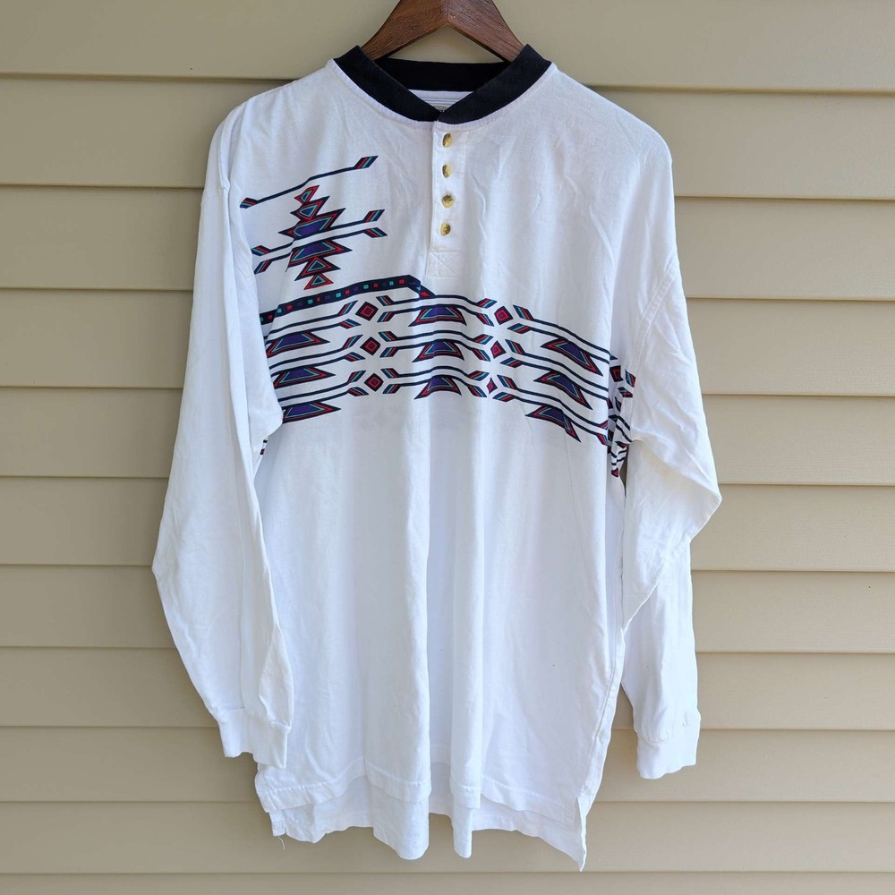 Western Frontier Henley Shirt Mens XL White Southwestern Geometric Long Sleeve